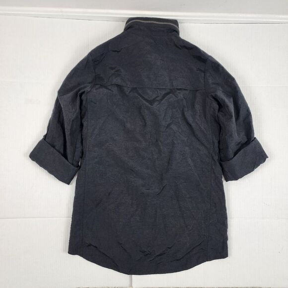 Black Hooded Trench Coat Lightweight Zip up Jacket Windbreaker Roll-tab Sleeve - Picture 6 of 16